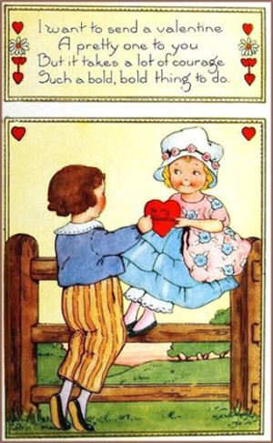 Free Valentines Day cards: Little girl on a fence being given a red ...