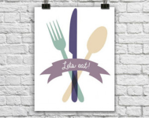 Lets eat! Spoon, fork, and knife. Retro colors. Banner. Kitchen Poster ...