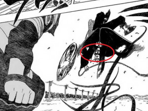 Hidan flips over that mist and slices her shit up.