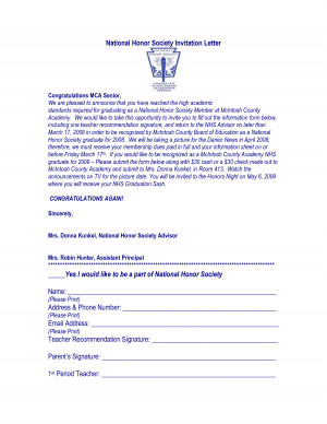 National Honor Society Invitation Letter Doc picture