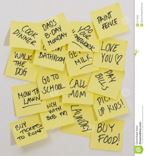 bunch of yellow post it notes with things to do.