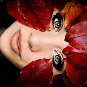 automn, dark make-up, denise, girl, green eyes, leaves, red