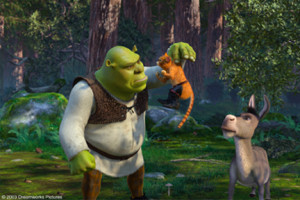 Shrek and Donkey interrogating Puss