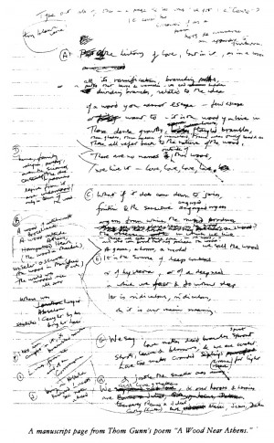 manuscript page from Thom Gunn's 'A Wood Near Athens'.