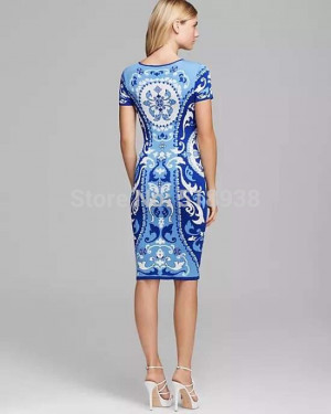 Blue Porcelain Print Europe Fashion Branded pencil sheath fitted Dress