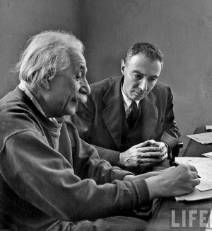 Robert Oppenheimer with Albert Einstein in 1947 by James Vaughan