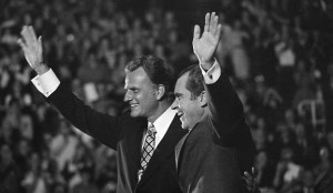 Billy Graham and President Richard Nixon together on stage at one of ...