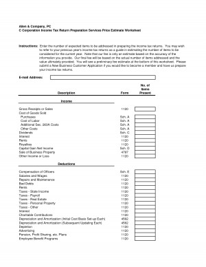 Corporation Tax Preparation Price Quote Worksheet