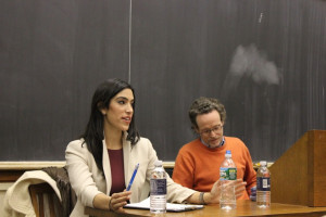 Thomas Pogge drifts off as Lara Setrakian helps him tag team audience