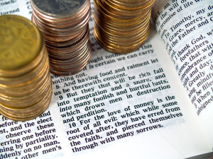 Stock photo : The Bible opened to I Timothy 6: 10 Love of Money