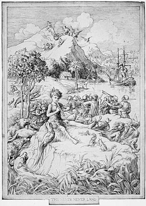 Illustration of Peter Pan playing the pipes , with Neverland in the ...