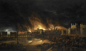 This painting shows the great fire of London as seen from a boat in ...