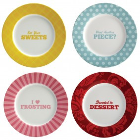 Cake Boss 4-Piece Dessert Plate Set, 'Basic' Pattern with Quotes