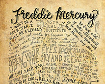 Freddie Mercury of Queen Words and Quotes - 8x10 handdrawn and ...