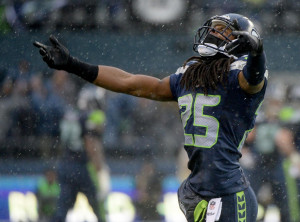 Cornerback Richard Sherman #25 of the Seattle Seahawks reacts in the ...