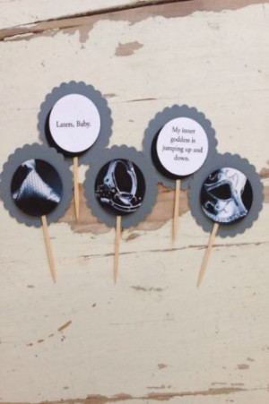appetizers and desserts with custom party toppers adorned with quotes ...
