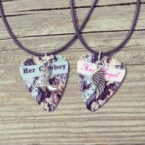 His Angel wing silver charm guitar pick matching necklaces country ...