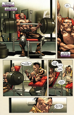 Five panels. Panel 1 and 2: Ares is in a gym, lifting weights, half ...