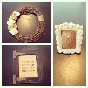 DIY burlap wreath, ring holder and quote printed on burlap framed