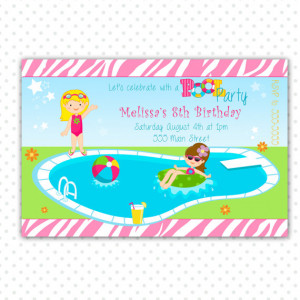 Pink Zebra Pool Party Kids Birthday Invitation Cards Girl - 8th ...