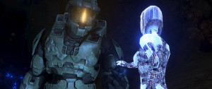 screen grab of Halo showing Cortana and Master Chief interacting ...