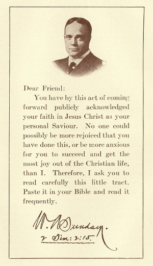 First page of the tract Billy Sunday suppliedeach convert