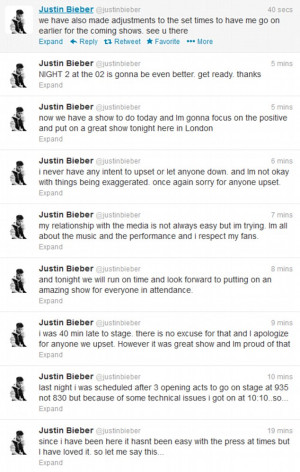 Public apology: Justin used his Twitter page to say sorry to fans in ...