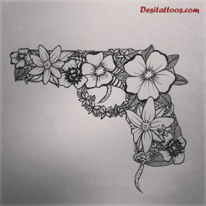 Grey Ink Flowers Gun Tattoo Design