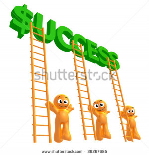 Funny 3d icon climbing success ladders - stock photo