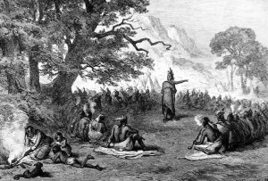 Chief Pontiac addressing tribesmen gathered in council in the Great ...