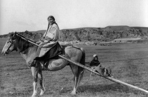Native American Woman on Horse with Travois and Child