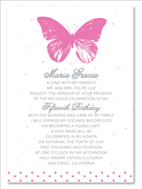 Butterfly quinceanera invitations on white seeded paper