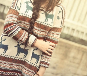 pretty girl reindeer sweater outfit warm long hair