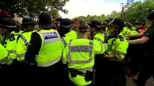 Police disperse an anti-fracking protest in Balcombe, West Sussex