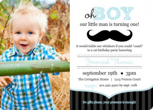 Blue And Black Moustache 1st Birthday Invitation