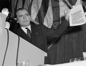 McCarthy holding a list of Communist spies