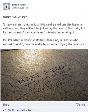 Sarah Palin's Facebook Post: 'Happy MLK, Jr. Day!' with quote from 'I ...