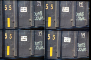 Photo taken from a Lomography Actionsampler of a trains cargo car