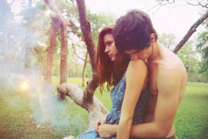 boy and a girl, couple, green, hug, kiss, love, nature, redhead, smoke ...