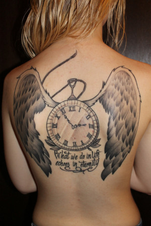 clock, quote, tattoo, wings