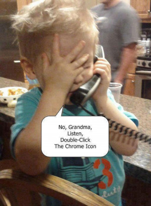 Funny Kid Talking On The Phone Helping Grandma With The Computer