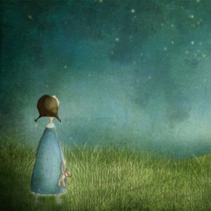 Beneath the Stars - Girl watching the blue sky at night - Illustration ...