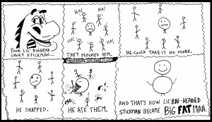 strip satire of lil big head stickman became big fat man line drawing ...