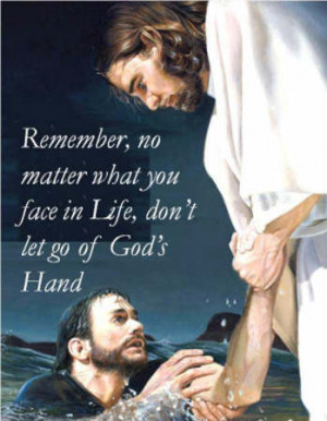 Jesus holding the hand of a man in the water.
