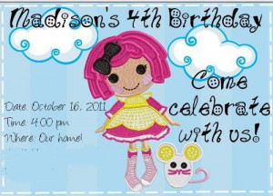 Her party was this past Sunday, October 16, with a Lalaloopsy theme!