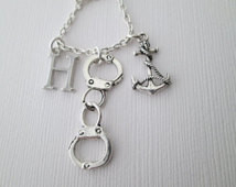 Partners in Crime) Handcuff and Tiny Anchor Rope, Initial Necklace