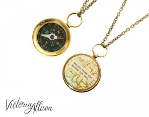 Small Map Quote Compass Necklace - Not All Those Who Wander Are Lost ...