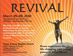 Revival on March 25-28. 11am and 6pm on Sunday and 7pm Monday ...