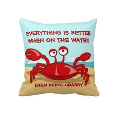 Unique, trendy and funny pillow. With grumpy crab on beach and ...