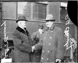 1914 Charles A Comiskey, owner White Sox, and John T Connery shaking ...
